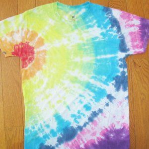 Adult Hanes Small Tie Dye T-Shirt Yellow Red Blue Spiral Short Sleeve Ts…